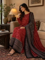 Korean Shamoz Silk Fabric 100% Natural Dye Ajrak Suit 2 Piece ( Shirt+Dopatta) - Image 2